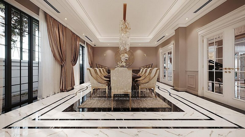 Thiết kế phòng ăn biệt thự sang trọng với bộ bàn ăn cao cấp tạo điểm nhấn nổi bật, cuốn hút mọi ánh nhìn Thiết kế biệt thự