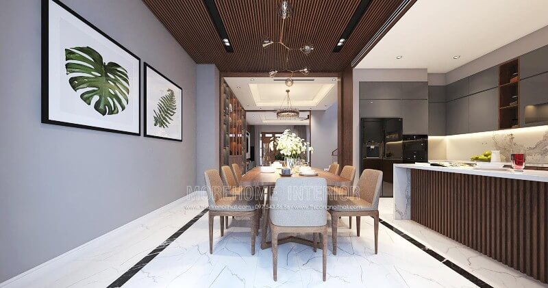 Bộ bàn ghế ăn 8 ghế gỗ óc chó cao cấp cùng chất liệu nệm bọc êm ái được trang trí tối giản giúp không gian trở nên thông thoáng nhưng không kém phần hiện đại, sang trọng. Thiết kế biệt thự