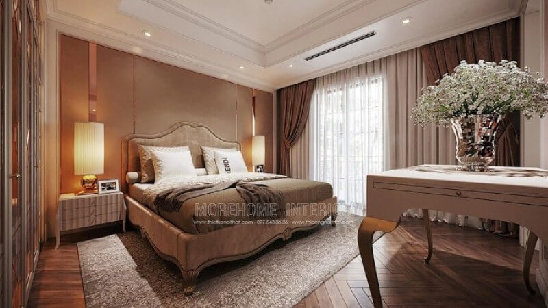 Mẫu giường tân cổ điển đẹp với thiết kế bọc nệm êm ái cùng đường nét uốn lượn đẹp mắt tạo điểm nhấn ấn tượng cho phòng ngủ đương đại cao cấp. thiết kế chung cư