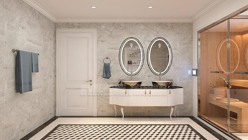 Gương ốp phòng tắm hình elip có đèn led cao cấp tạo điểm nhấn đẹp, sang trọng cho phòng tắm. thiết kế chung cư