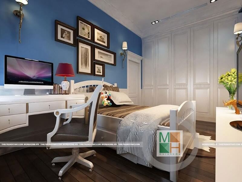 Thiết kế nội thất phòng ngủ với tông màu trắng- xanh tạo nét năng động và sáng tạo hơn cho trẻ thiết kế chung cư