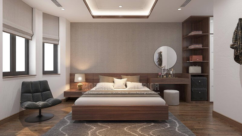 Bạn là người mệnh Thổ, mệnh Kim, Morehome xin giới thiệu quý vị và các bạn một trong những ý tưởng đó là mẫu bố trí nội thất phòng ngủ màu nâu chủ đạo tại biệt thự Vinhomes Imperi a Hải Phòng, ngoài ra còn rất nhiều mẫu bố trí phòng ngủ đẹp tại website:thietkenoithat.com thiết kế biệt thự
