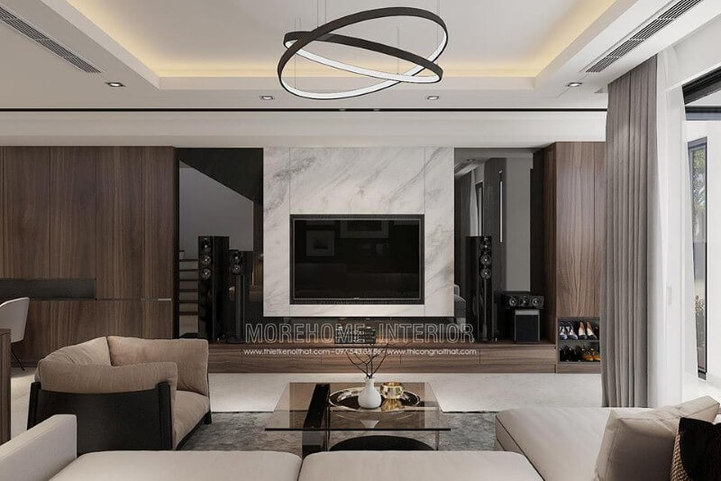 Trang trí phòng khách hiện đại đẹp ấn tượng với đá marble điểm nhấn thiết kế biệt thự