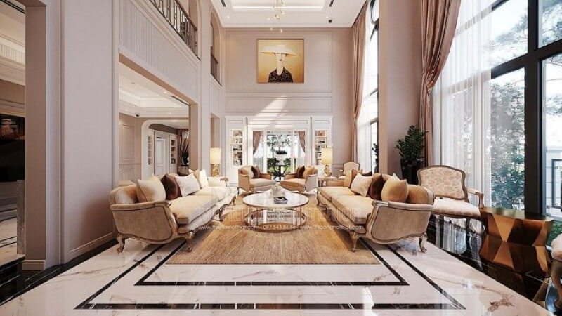 Bố trí nội thất phòng khách thông tầng biệt thự tân cổ điển cao cấp tại Vinhomes Imperia Hải Phòng. thiết kế biệt thự