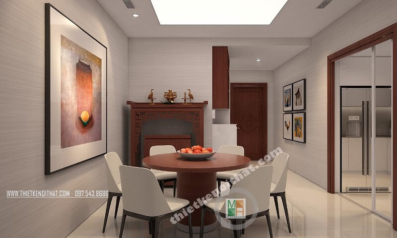 Thiết kế nội thất căn hộ chung cư Royal City Thanh Xuân hiện đại với phòng bếp và bàn ăn liền kề rất thuận tiện mang đến cảm giác gần gũi cho gia chủ. thiết kế nội thất chung cư