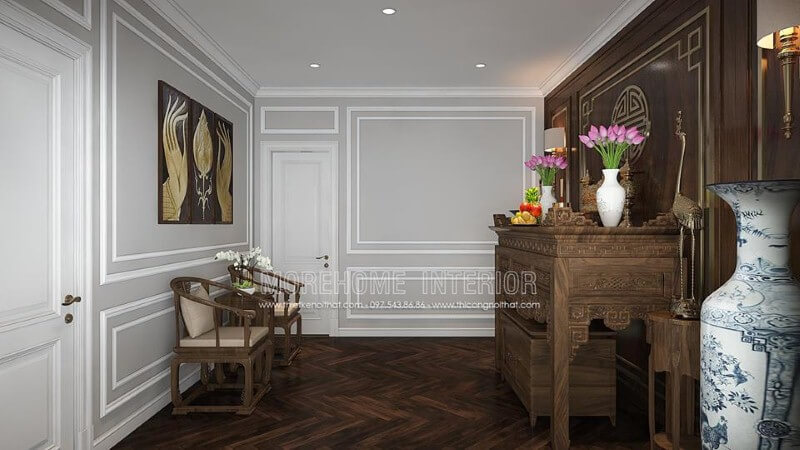 Trang trí nội thất phòng thờ hiện đại, đẹp từ tủ thờ, vách cnc, gỗ ốp, sàn, ghế gỗ óc chó cao cấp. Thiết kế nội thất