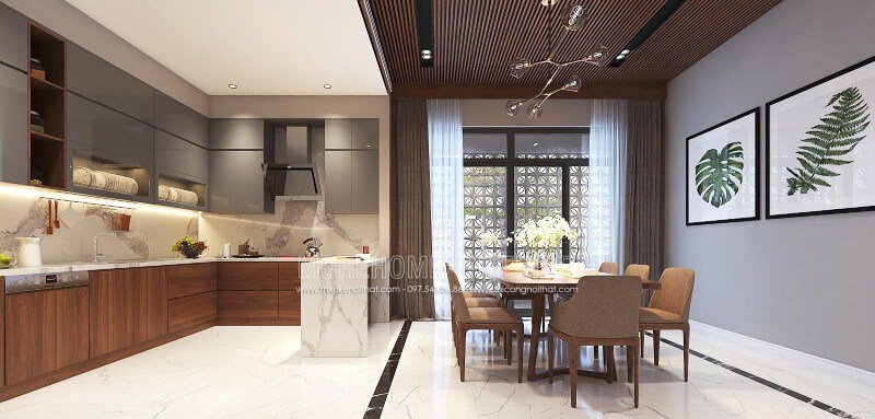 Sắp xếp nội thất phòng bếp liền phòng ăn đẹp, hiện đại, sang trọng cho biệt thự, nhà phố tại Vinh, Nghệ An. Thiết kế nội thất
