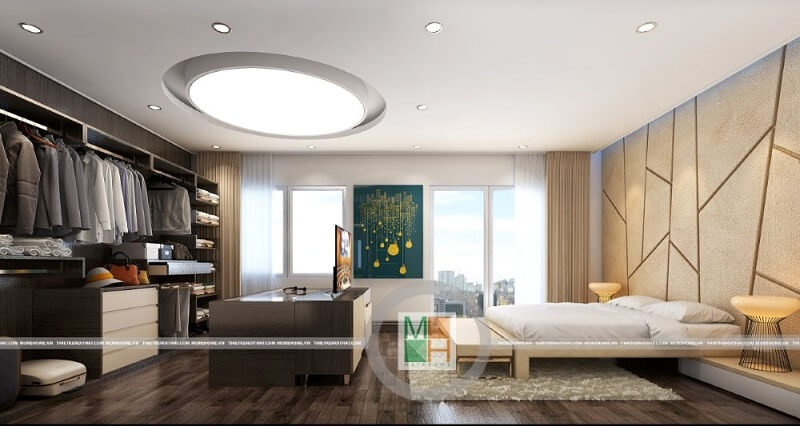 Mẫu thiết kế phòng ngủ hiện đại cho chung cư với đồ nội thất gỗ tự nhiên cao cấp: giường ngủ gỗ, tủ quần áo âm tường, tạp đầu giường, bàn trang điểm kết hợp với trần thạch cao lông lẫy mang đến cảm giác sang trọng cho căn phòng ngủ Thiết kế chung cư