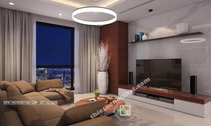 Mẫu thiết kế nội thất chung cư cao cấp theo phong cách hiện đại với màu nền trắng trang nhã mang đến cảm giác gần gũi, ấm cúng thiết kế nội thất chung cư