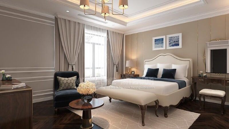 Trang trí nội thất phòng ngủ tân cổ điển đẹp, sang trọng nổi bật với sắc trắng điểm nhấn từ bộ đôn, giường bọc nệm gỗ óc chó tự nhiên. thiết kế nội thất chung cư