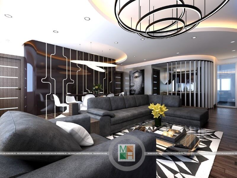 Thiết kế nội thất chung cư cao cấp với bộ sofa da màu đen sang trọng tạo điểm nhấn nổi bật cho phòng khách. Thiết kế nội thất