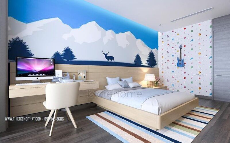 Giường ngủ gỗ sồi hiện đại cùng gỗ ốp đầu giường gam sáng màu tạo nên vẻ đẹp trẻ trung, độc đáo cho phòng ngủ con trai hiện đại. Thiết kế nội thất