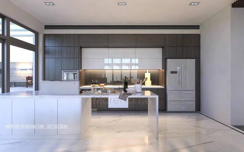 Tủ bếp đẹp, sang trọng từ gỗ công nghiệp An Cường cùng đá ốp nhân tạo cao cấp đã tạo nên vẻ đẹp hiện đại, độc đáo cho phòng bếp. Thiết kế nội thất